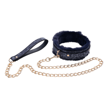 Cougar Fur Collar & Leash with royal blue faux fur lining, adjustable faux leather collar, and gold-plated leash for luxurious play.