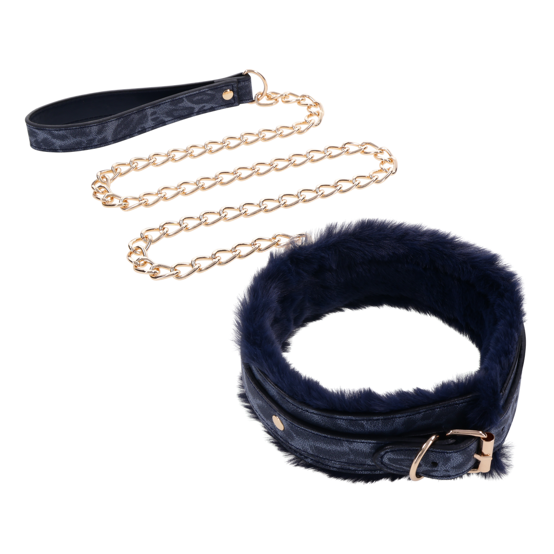 Cougar Fur Collar & Leash with royal blue faux fur lining, adjustable faux leather collar, and gold-plated leash for luxurious play.