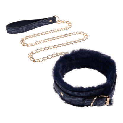 Cougar Fur Collar & Leash with royal blue faux fur lining, adjustable faux leather collar, and gold-plated leash for luxurious play.