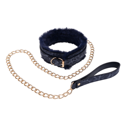 Cougar Fur Collar & Leash with royal blue faux fur lining, adjustable faux leather collar, and gold-plated leash for luxurious play.