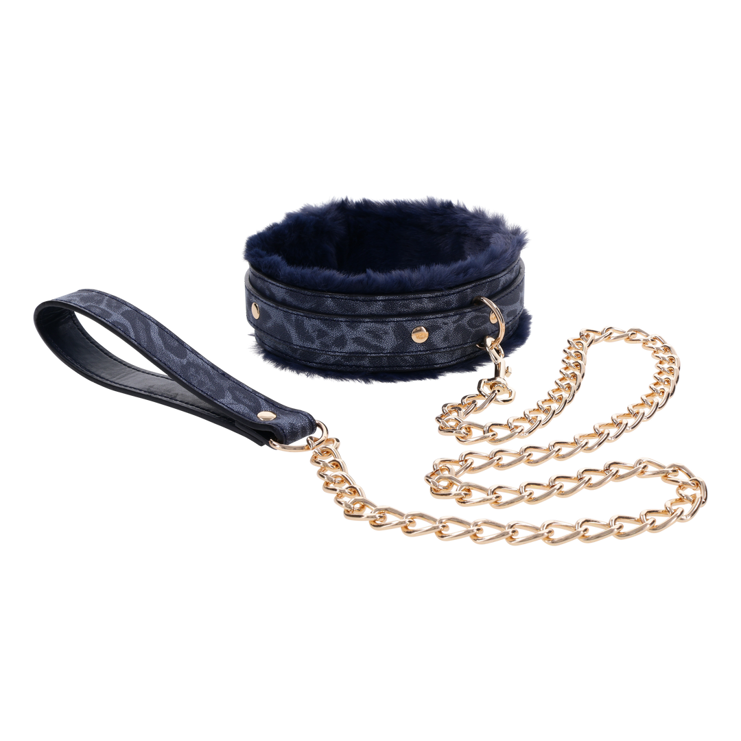 Cougar Fur Collar & Leash with royal blue faux fur lining, adjustable faux leather collar, and gold-plated leash for luxurious play.