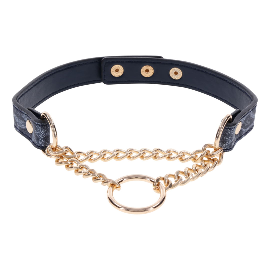 Animal-printed faux leather collar with gold hardware, fixed chain, and adjustable fit for stylish and playful wear.