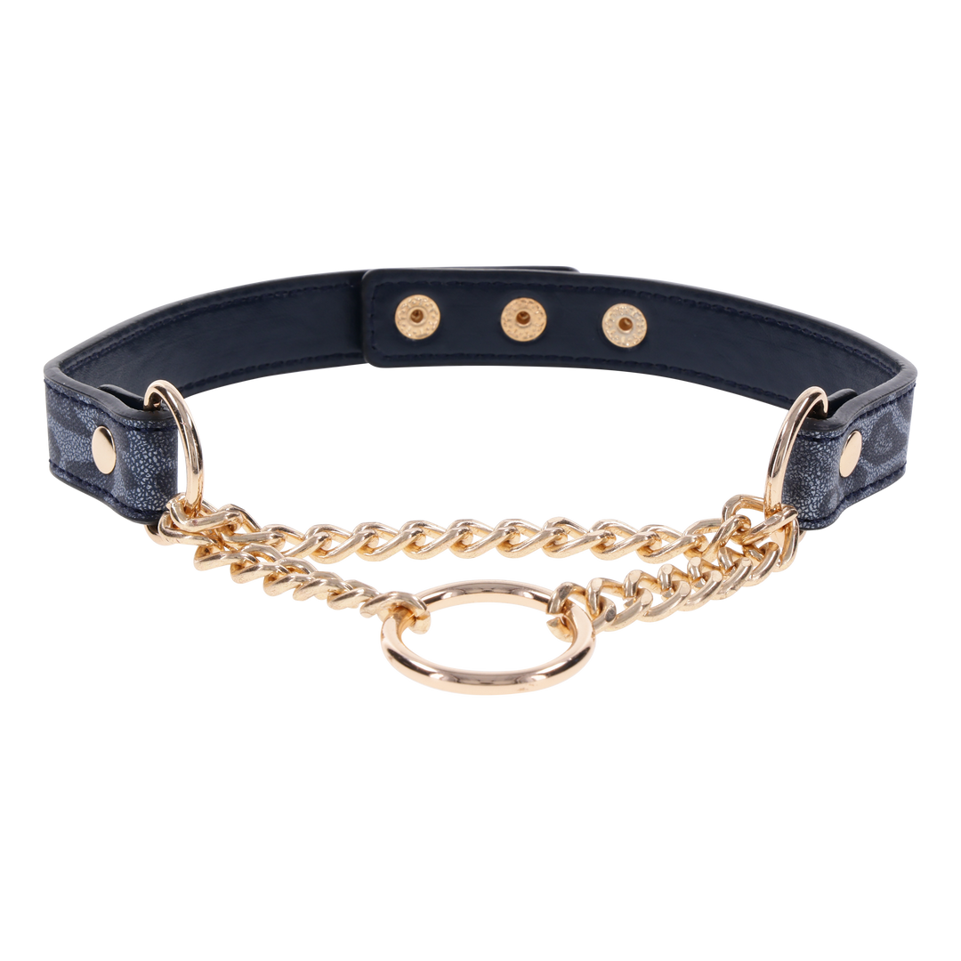 Animal-printed faux leather collar with gold hardware, fixed chain, and adjustable fit for stylish and playful wear.