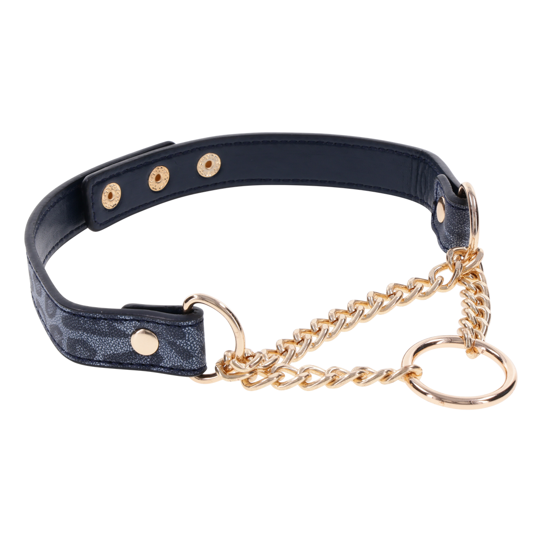 Animal-printed faux leather collar with gold hardware, fixed chain, and adjustable fit for stylish and playful wear.