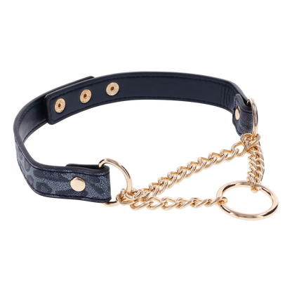 Animal-printed faux leather collar with gold hardware, fixed chain, and adjustable fit for stylish and playful wear.