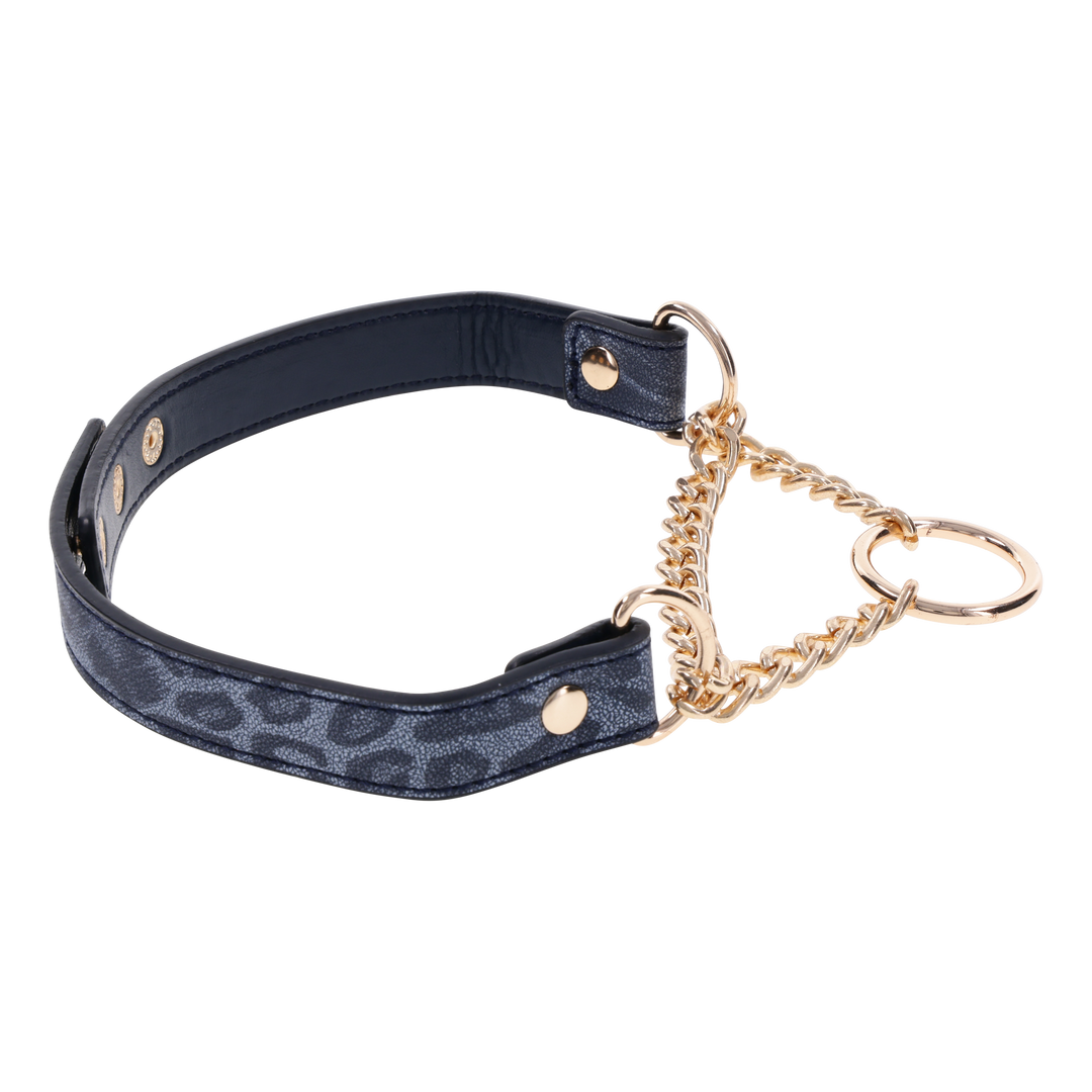 Animal-printed faux leather collar with gold hardware, fixed chain, and adjustable fit for stylish and playful wear.