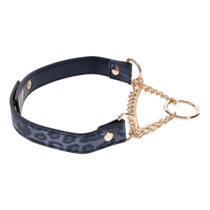 Animal-printed faux leather collar with gold hardware, fixed chain, and adjustable fit for stylish and playful wear.