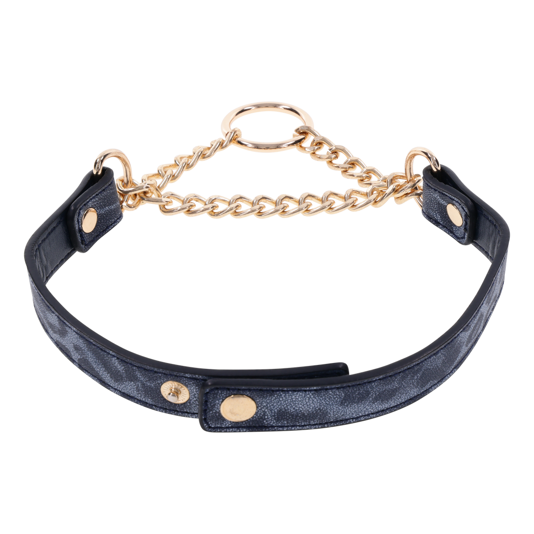 Animal-printed faux leather collar with gold hardware, fixed chain, and adjustable fit for stylish and playful wear.