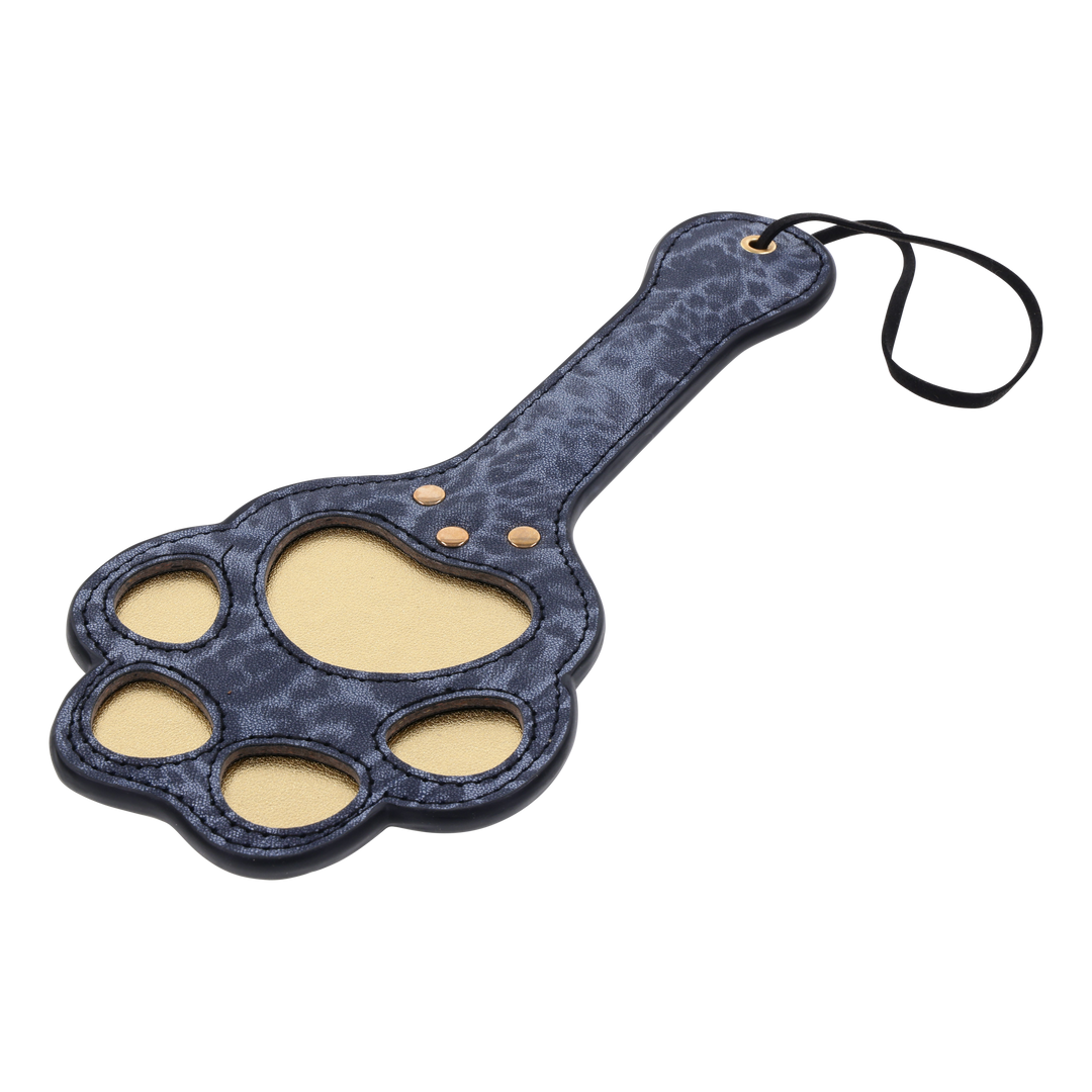 Cougar Paw Paddle with blue leopard faux leather, paw-shaped cutouts, and a wrist loop for playful impact play