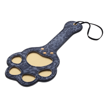 Cougar Paw Paddle with blue leopard faux leather, paw-shaped cutouts, and a wrist loop for playful impact play