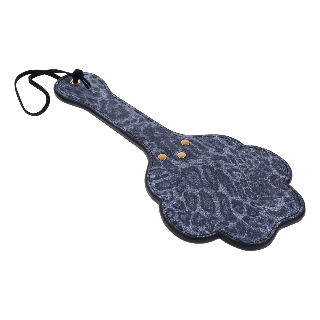 Cougar Paw Paddle with blue leopard faux leather, paw-shaped cutouts, and a wrist loop for playful impact play