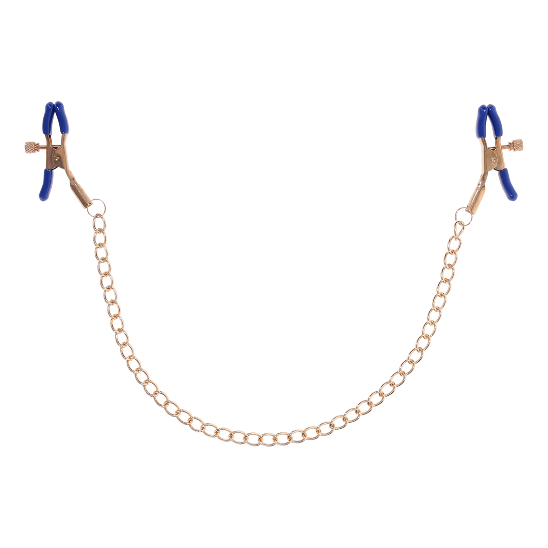 Gold chain nipple clamps with blue tips, adjustable thumb-screws, and removable rubber tips for varied intensity and versatile sensation play