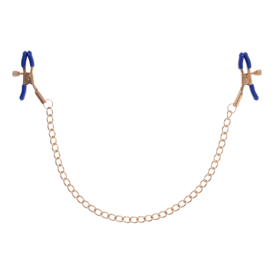 Gold chain nipple clamps with blue tips, adjustable thumb-screws, and removable rubber tips for varied intensity and versatile sensation play