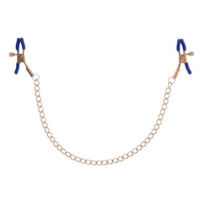 Gold chain nipple clamps with blue tips, adjustable thumb-screws, and removable rubber tips for varied intensity and versatile sensation play