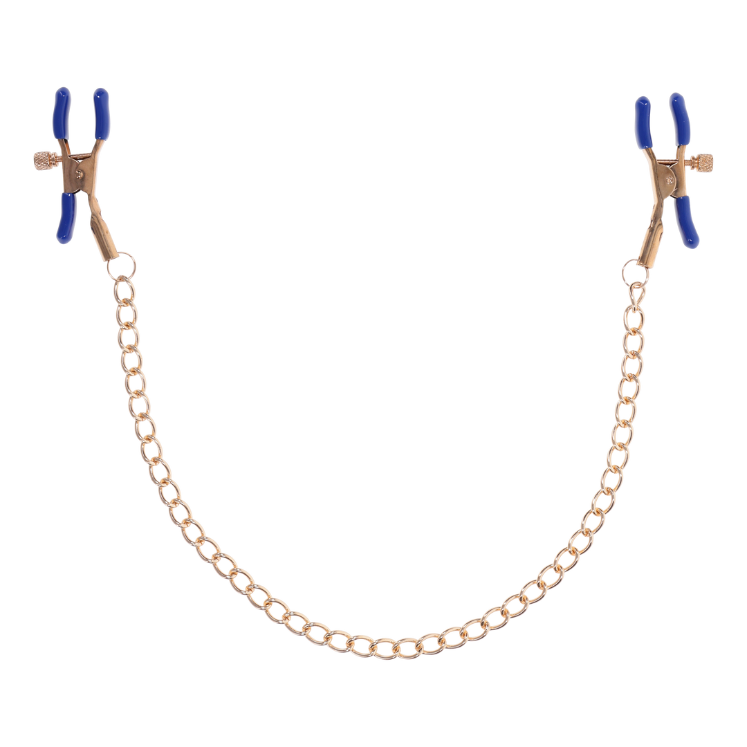 Gold chain nipple clamps with blue tips, adjustable thumb-screws, and removable rubber tips for varied intensity and versatile sensation play