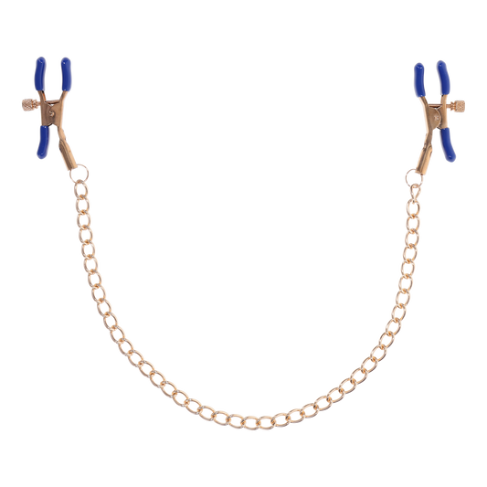 Gold chain nipple clamps with blue tips, adjustable thumb-screws, and removable rubber tips for varied intensity and versatile sensation play