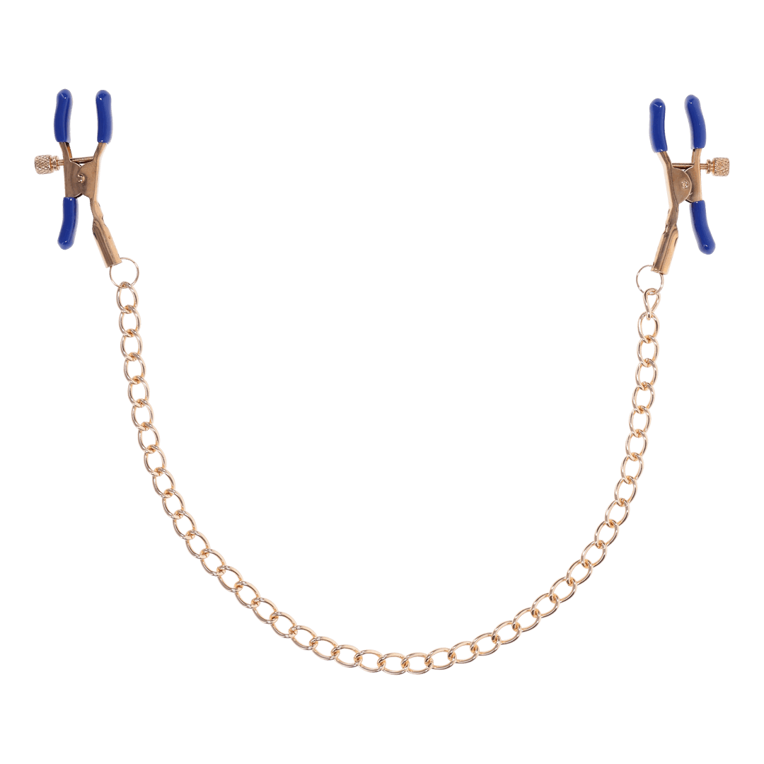 Gold chain nipple clamps with blue tips, adjustable thumb-screws, and removable rubber tips for varied intensity and versatile sensation play