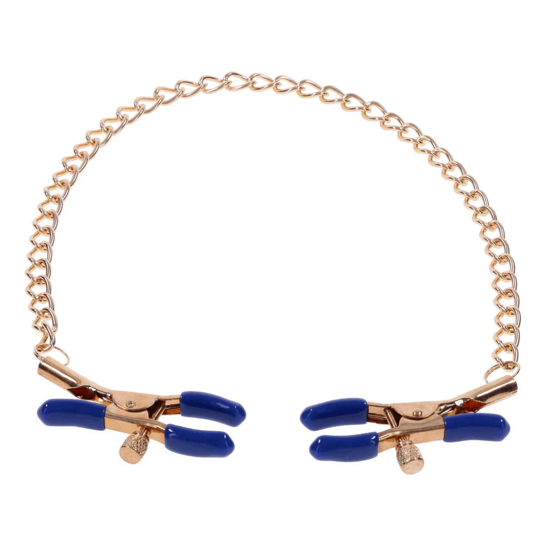 Gold chain nipple clamps with blue tips, adjustable thumb-screws, and removable rubber tips for varied intensity and versatile sensation play