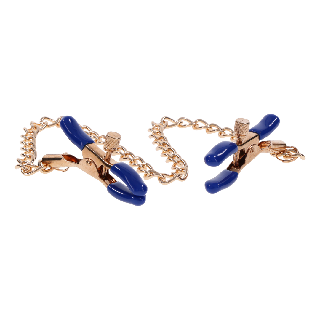 Gold chain nipple clamps with blue tips, adjustable thumb-screws, and removable rubber tips for varied intensity and versatile sensation play