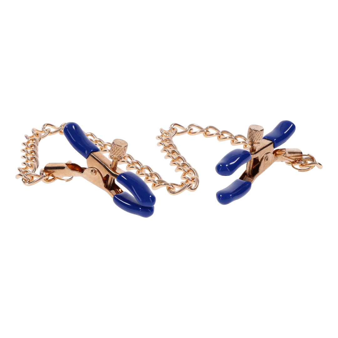 Gold chain nipple clamps with blue tips, adjustable thumb-screws, and removable rubber tips for varied intensity and versatile sensation play