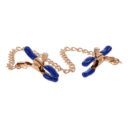 Gold chain nipple clamps with blue tips, adjustable thumb-screws, and removable rubber tips for varied intensity and versatile sensation play