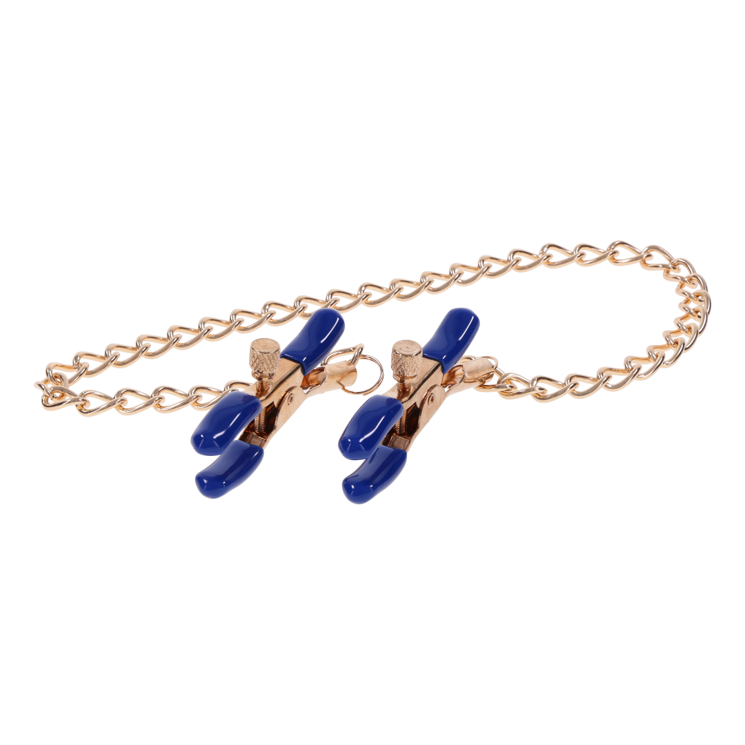 Gold chain nipple clamps with blue tips, adjustable thumb-screws, and removable rubber tips for varied intensity and versatile sensation play