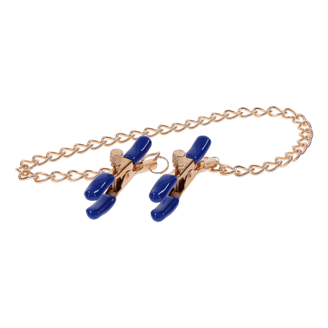 Gold chain nipple clamps with blue tips, adjustable thumb-screws, and removable rubber tips for varied intensity and versatile sensation play