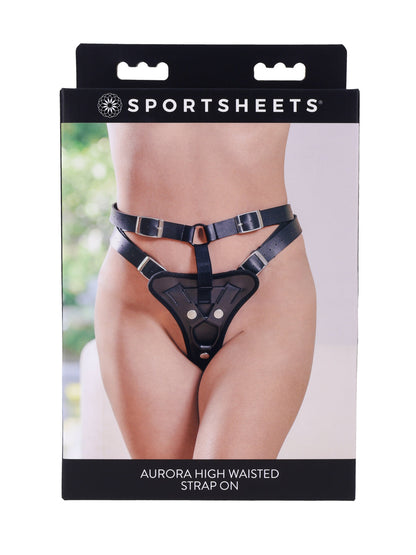 Sportsheets Aurora High Waisted Strap-On Harness, black, 6-way adjustable straps, fits up to 60" hips, interchangeable O-ring, reinforced padding, comfortable and versatile.

high-waisted strap-on harness, Sportsheets harness, adjustable strap-on, interchangeable O-ring harness, oversized dildo harness, 6-way adjustable strap-on, reinforced strap-on harness, comfortable strap-on, BDSM harness.