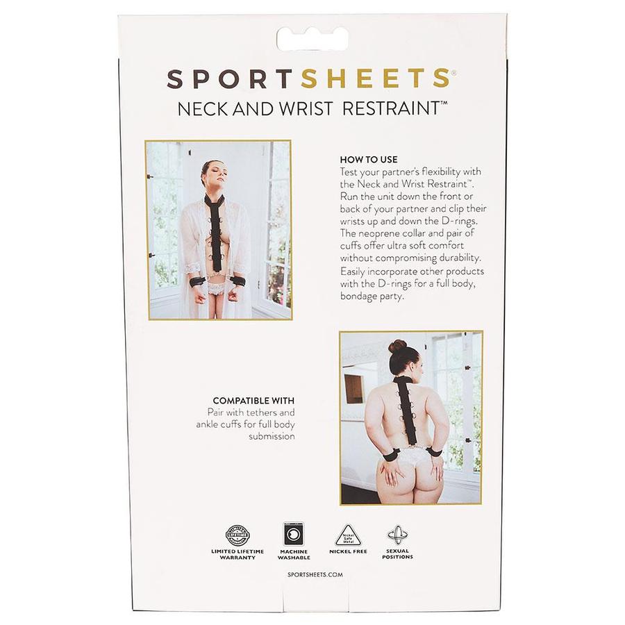 Sportsheets Neck & Wrist Restraint with neoprene collar, nylon strap, 4 D-rings on each side, and adjustable neoprene cuffs for versatile bondage play.