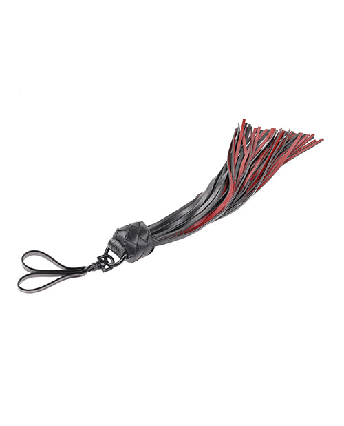 Vegan leather Saffron Finger Flogger with 40 scarlet and black falls, designed for precise and playful impact. Keywords: saffron finger flogger, vegan leather flogger, faux leather flogger, BDSM flogger, scarlet and black flogger, kink flogger, finger loop flogger, lightweight flogger, impact play flogger, sensual flogging tool, Sportsheets flogger, cruelty-free BDSM gear. 