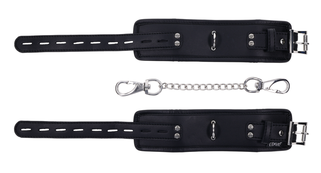 Edge® Handcuffs with padded black design, adjustable buckle closure, and removable metal tether for comfortable and secure BDSM play.