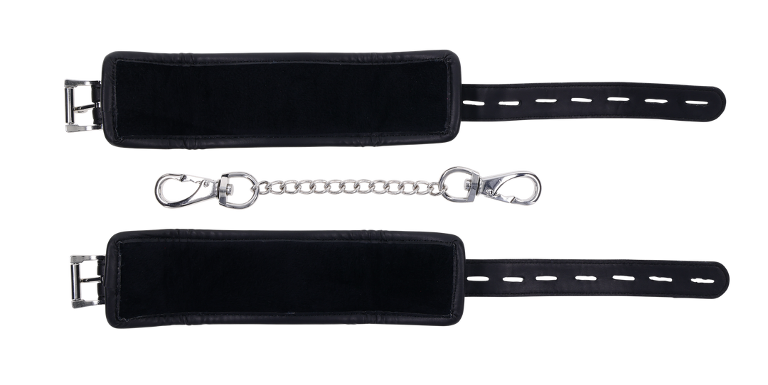 Edge® Handcuffs with padded black design, adjustable buckle closure, and removable metal tether for comfortable and secure BDSM play.