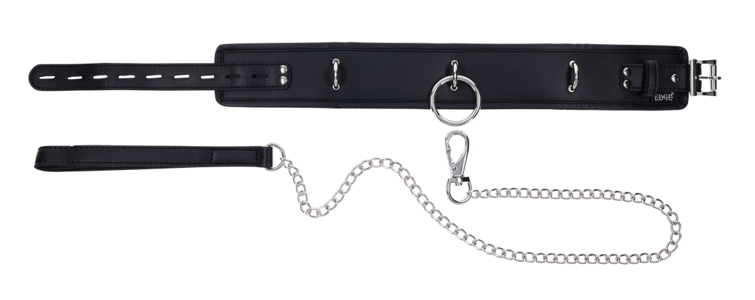 Edge® Collar and Leash with padded black faux leather design, silver hardware, removable leash, and versatile connection points for BDSM play