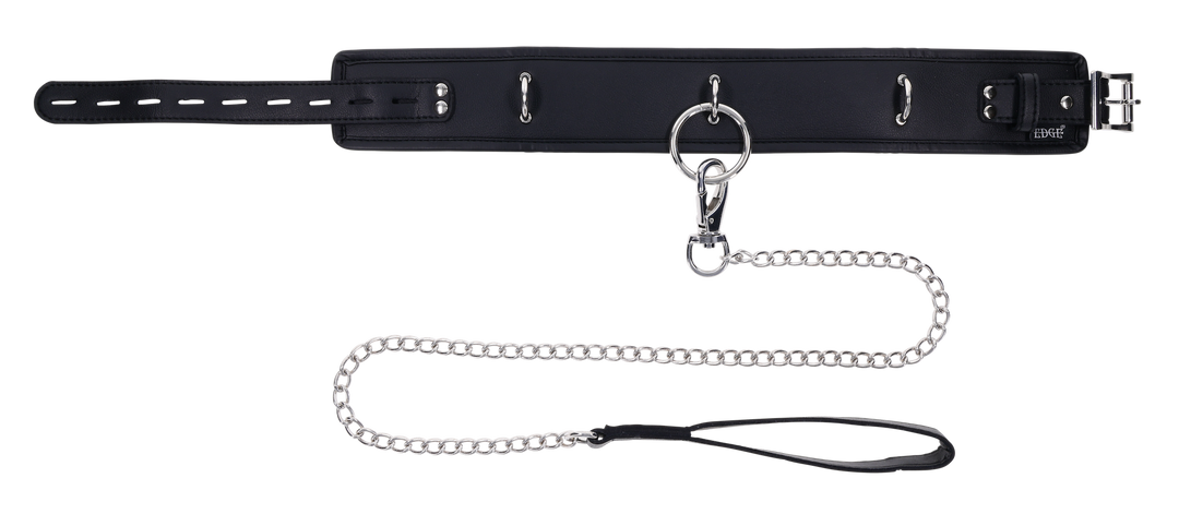 Edge® Collar and Leash with padded black faux leather design, silver hardware, removable leash, and versatile connection points for BDSM play