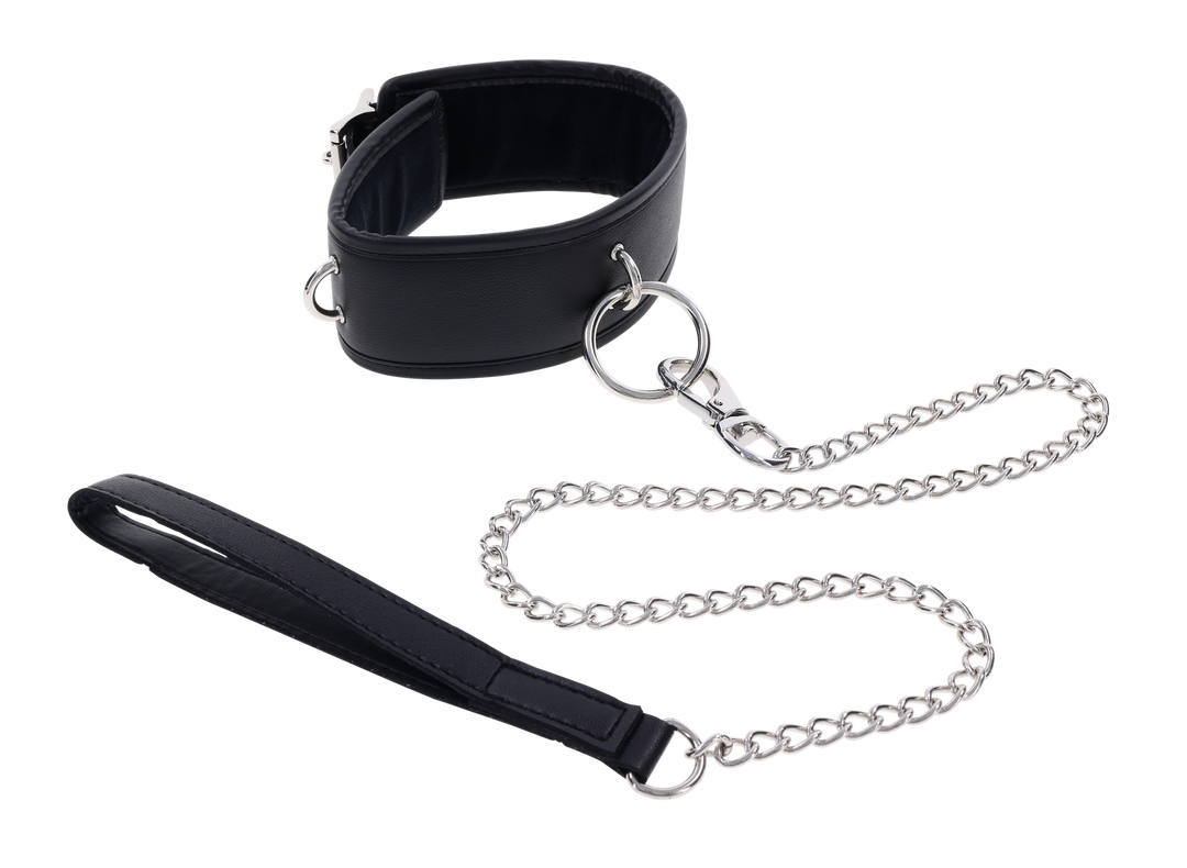 Edge® Collar and Leash with padded black faux leather design, silver hardware, removable leash, and versatile connection points for BDSM play