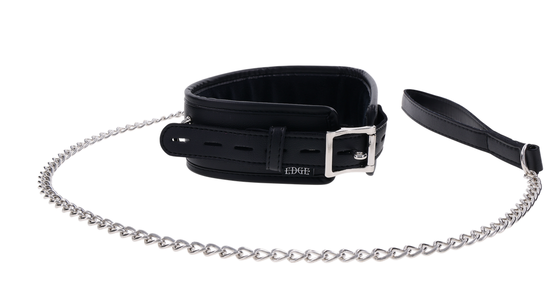 Edge® Collar and Leash with padded black faux leather design, silver hardware, removable leash, and versatile connection points for BDSM play