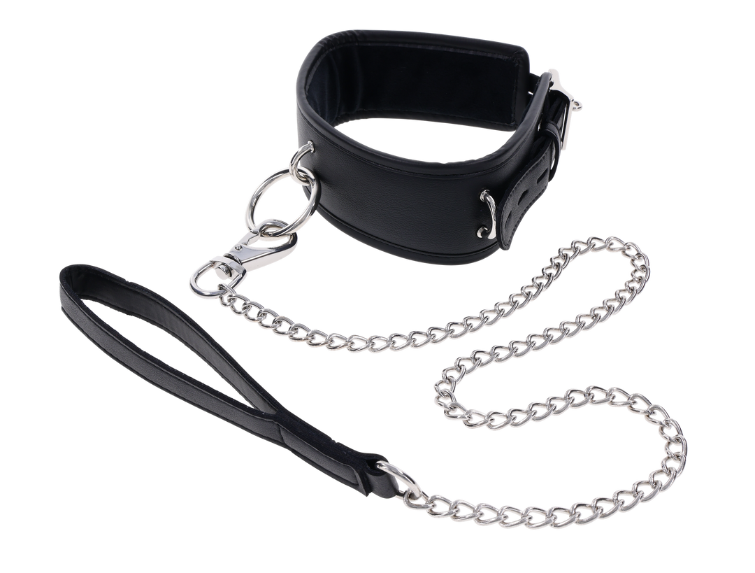 Edge® Collar and Leash with padded black faux leather design, silver hardware, removable leash, and versatile connection points for BDSM play