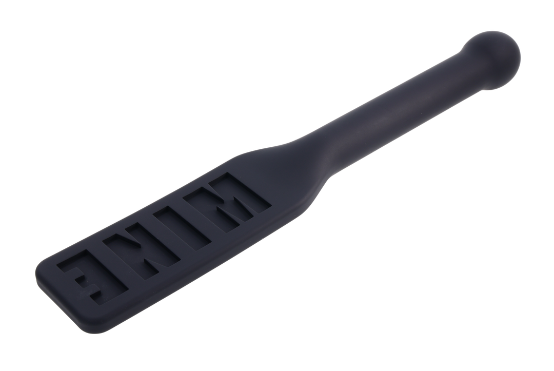 Edge® Silicone Paddle with 'MINE' imprint, flexible silicone head, metal-reinforced handle, and insertable design for BDSM play.