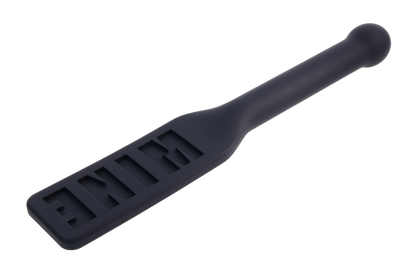 Edge® Silicone Paddle with 'MINE' imprint, flexible silicone head, metal-reinforced handle, and insertable design for BDSM play.