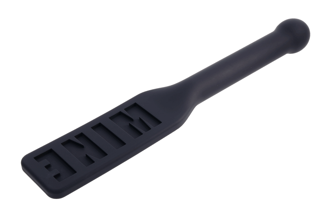 Edge® Silicone Paddle with 'MINE' imprint, flexible silicone head, metal-reinforced handle, and insertable design for BDSM play.