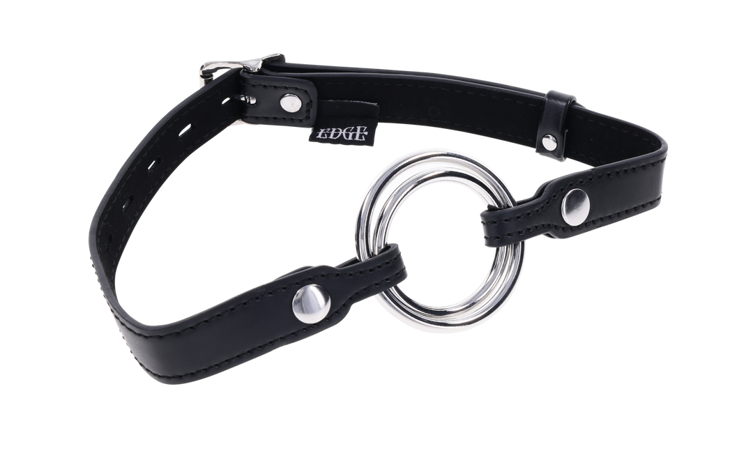 Edge Interchangeable Ring Gag with two stainless steel rings (1.5" and 2") and adjustable buckle for versatile BDSM play.