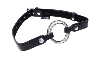 Edge Interchangeable Ring Gag with two stainless steel rings (1.5" and 2") and adjustable buckle for versatile BDSM play.