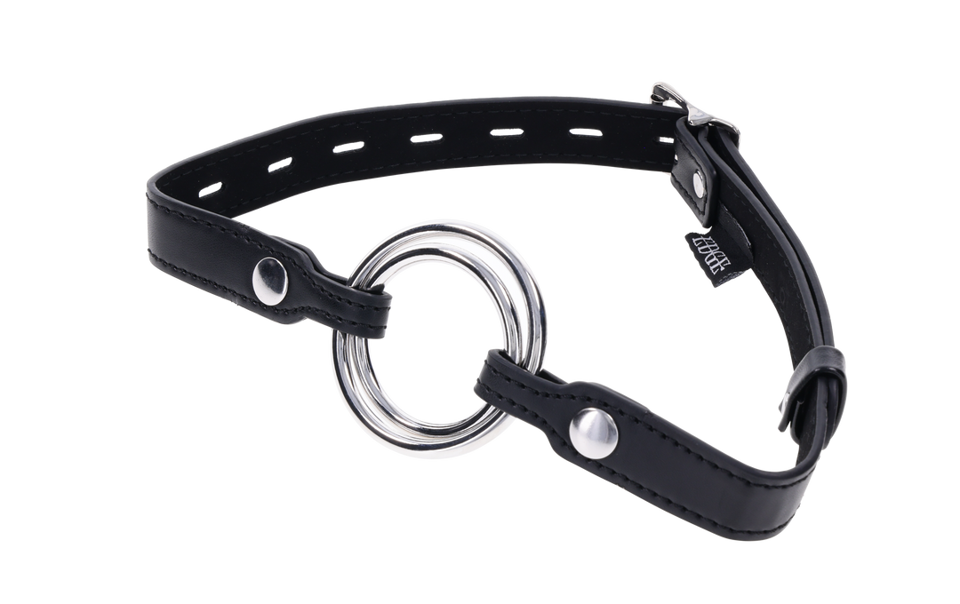 Edge Interchangeable Ring Gag with two stainless steel rings (1.5" and 2") and adjustable buckle for versatile BDSM play.