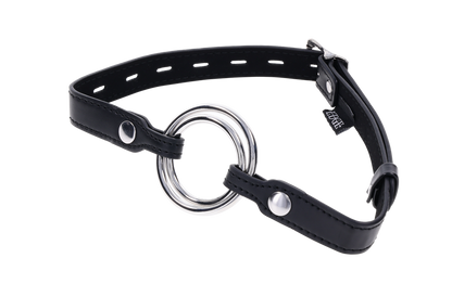 Edge Interchangeable Ring Gag with two stainless steel rings (1.5" and 2") and adjustable buckle for versatile BDSM play.