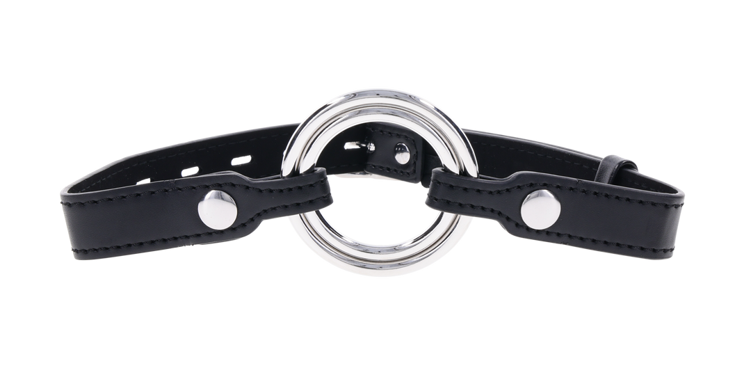 Edge Interchangeable Ring Gag with two stainless steel rings (1.5" and 2") and adjustable buckle for versatile BDSM play.