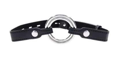 Edge Interchangeable Ring Gag with two stainless steel rings (1.5" and 2") and adjustable buckle for versatile BDSM play.