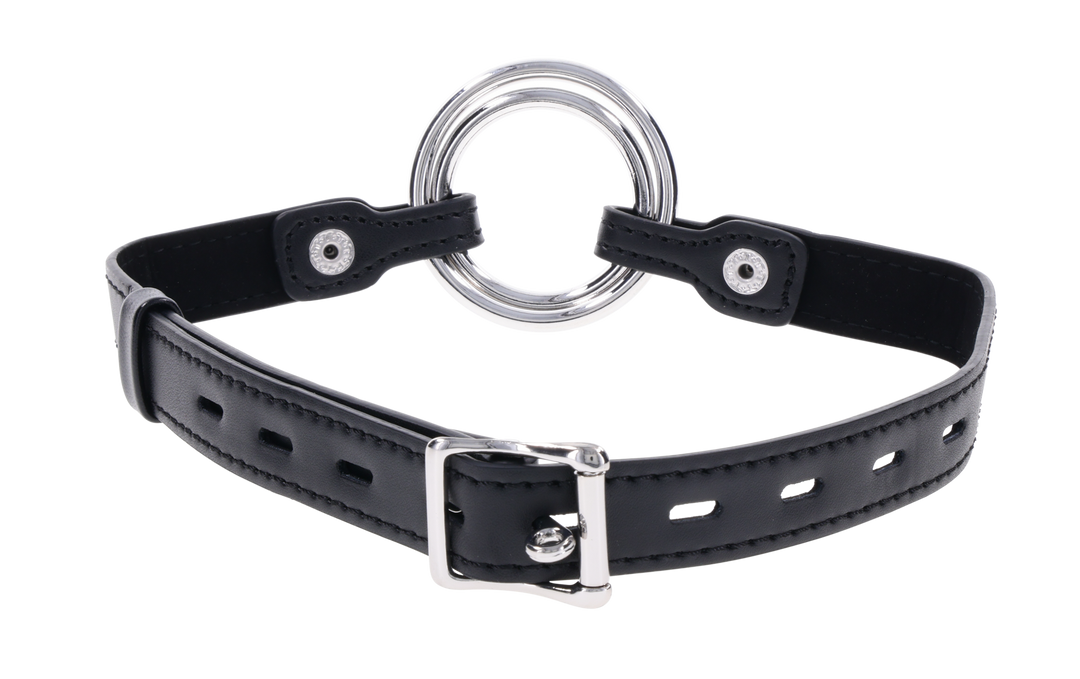 Edge Interchangeable Ring Gag with two stainless steel rings (1.5" and 2") and adjustable buckle for versatile BDSM play.