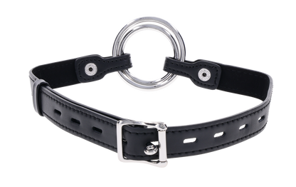 Edge Interchangeable Ring Gag with two stainless steel rings (1.5" and 2") and adjustable buckle for versatile BDSM play.