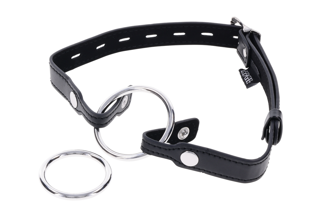 Edge Interchangeable Ring Gag with two stainless steel rings (1.5" and 2") and adjustable buckle for versatile BDSM play.