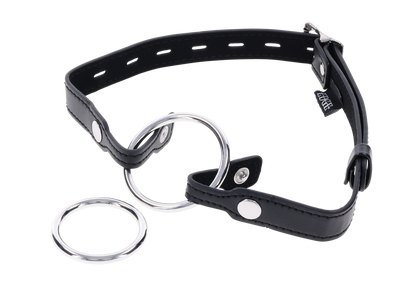 Edge Interchangeable Ring Gag with two stainless steel rings (1.5" and 2") and adjustable buckle for versatile BDSM play.